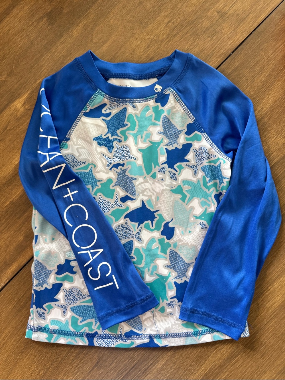 Ocean + Coast Blue Long-Sleeve Kids Rashguard with Shark Print